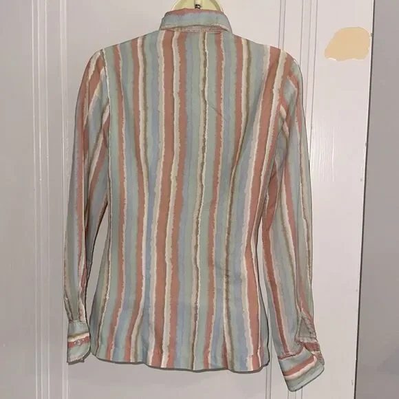 Vintage 70s College Town Striped Orange, Blue, Green, Tan & Cream Shirt - Picture 6 of 9